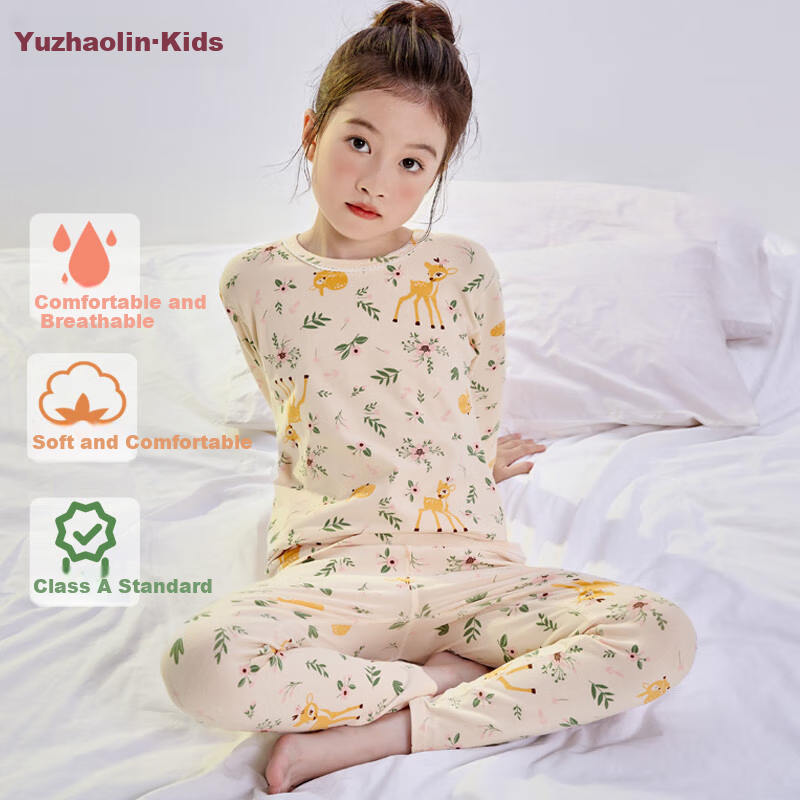 YUZHAOLIN Children's Thermal Underwear Set, Boys And Girls Cotton Pajamas Base Layer Autumn Clothes And Pants Set, Deer Pattern, Size 150