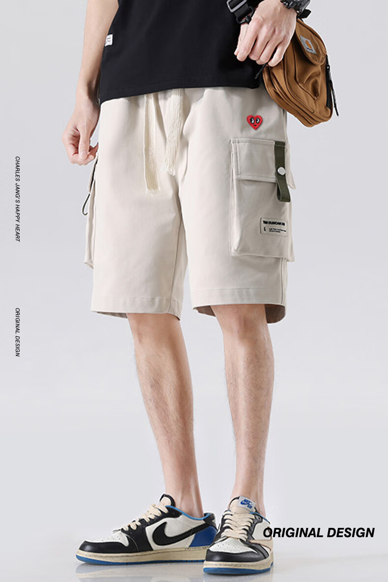 Charles Heart Men's Work Shorts Summer Thin Love Heart Embroidery Beach Loose Breathable Knee-Length Shorts Apricot L 1