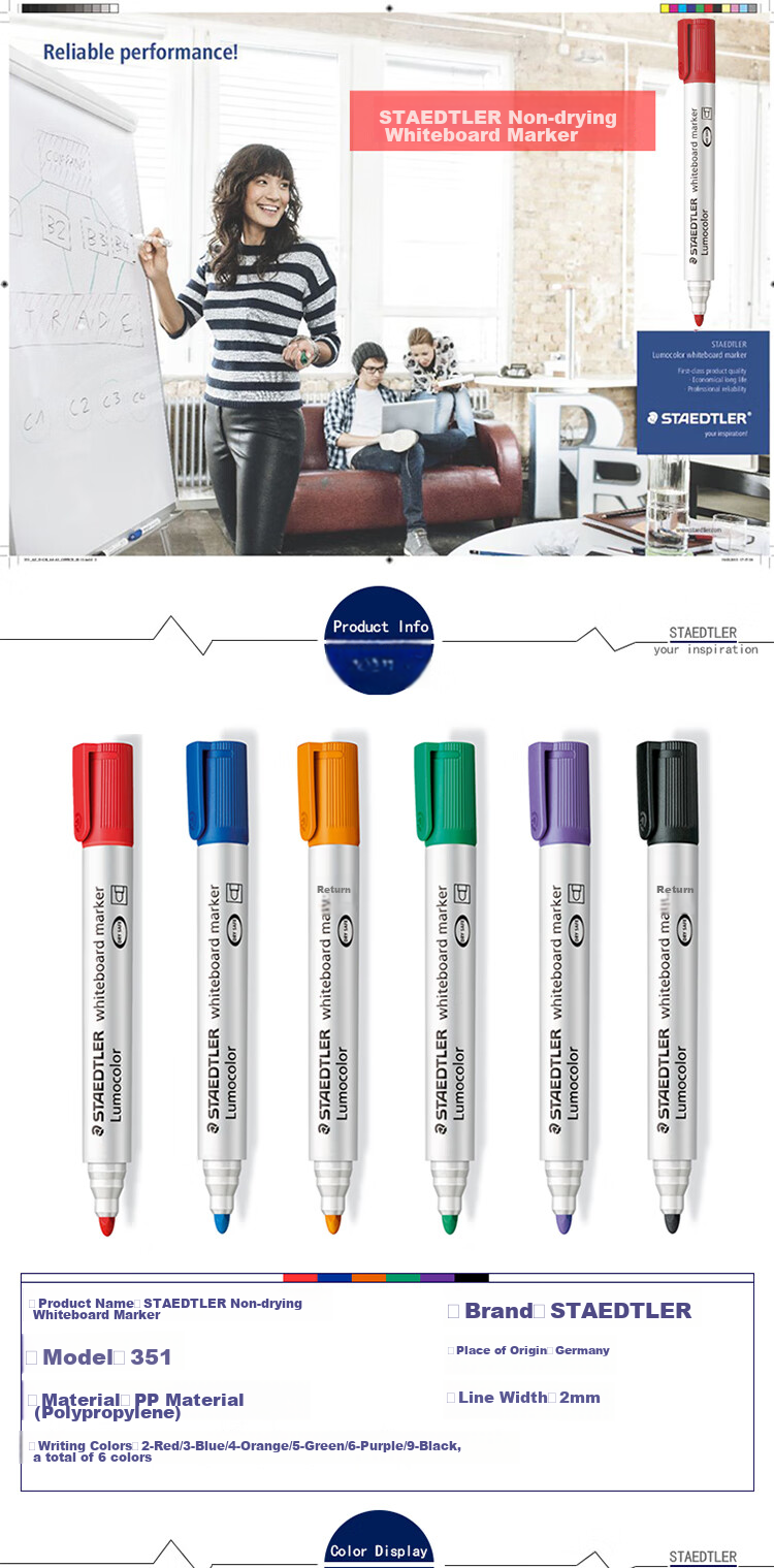 STAEDTLER Erasable Whiteboard Marker 2mm Dry-Resistant Color Marker Pen Office Meeting Pens - Black, Red, Blue, Green, 1 Each 351WP4 1