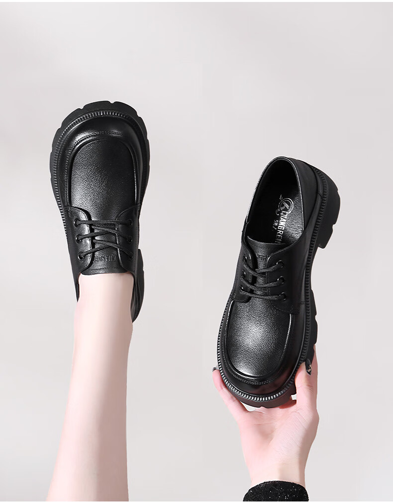 Qiangren Women's Shoes, Top-Grain Leather, Breathable Thick-Soled Flats, Comfortable Wide-Fit Leather Shoes, Loafers, JDA73272, Black, Size 37 11