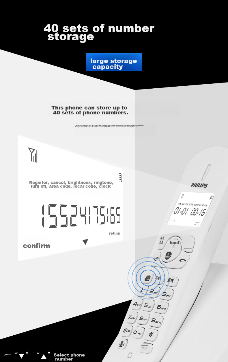 PHILIPS Cordless Telephone, Wireless Landline Phone, Parent-Child Handset, for Office And Home Use, White Backlit Screen, Long Standby Time, DCTG186 (1+2) Black 6
