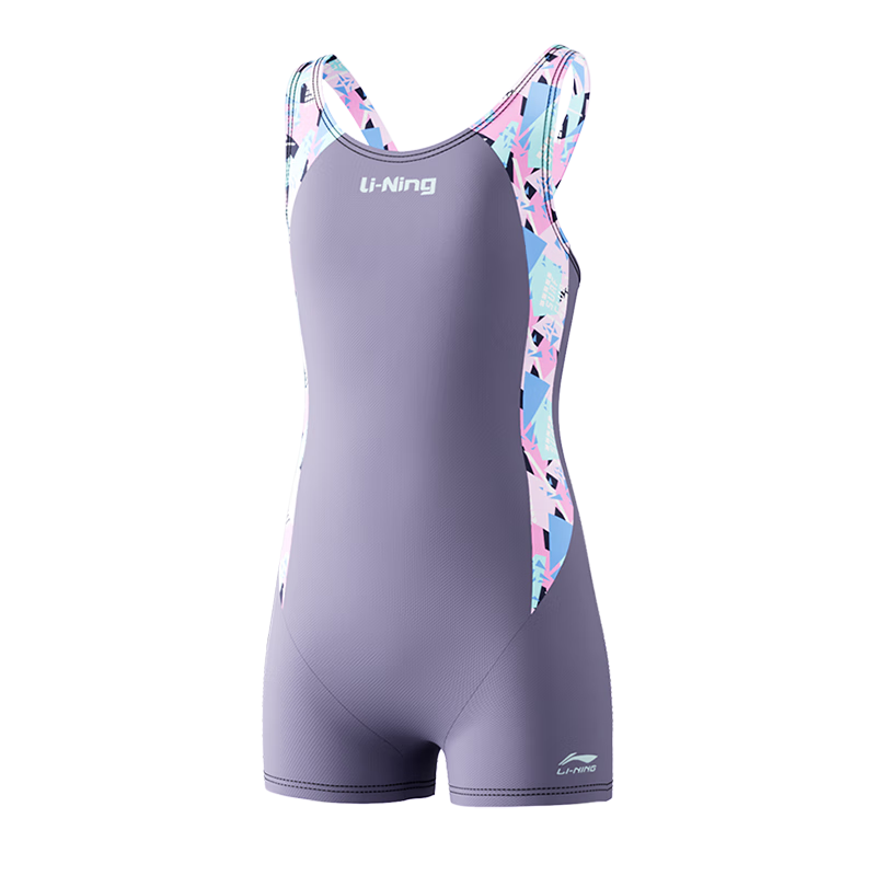 Li-Ning Youth Swimsuit, Girls' Comfortable Sports One-Piece Sleeveless Boyleg, Professional Training Swimwear, 0011 Gray-Purple, Size 160