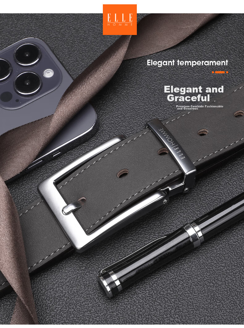 ELLE HOMME Men's Leather Belt with Pin Buckle, Top-Grain Cowhide Casual Trouser Belt for Men, Birthday Gift for Boyfriend 2