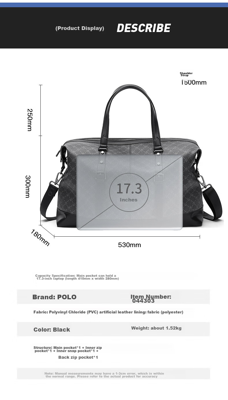 POLO Travel Bag, Men's Handbag, Luggage Bag, Gym Bag, Business Trip Large Capacity Suitcase, Storage Bag, Black 15