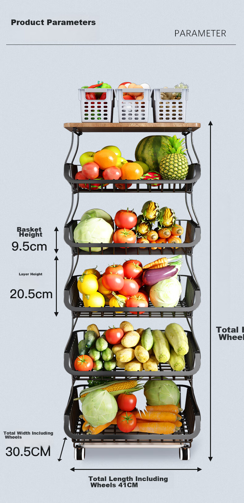 Shuaishi Kitchen Vegetable Storage Rack, Fruit Basket, Snack Organizer, Multi-Layer Floor-Standing Mobile Cart 10