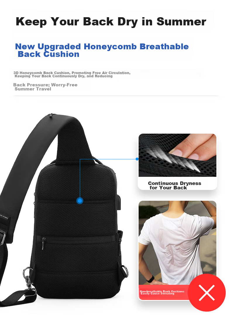 MARK RYDEN Men's Shoulder Bag, Business Casual Crossbody Bag, Water-Resistant Chest Pack, Fashionable Sports Mini Backpack MR7069 Elegant Black 7