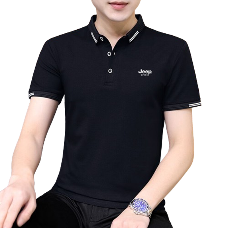 JEEP SPIRIT Men's Short-Sleeve T-Shirt, Summer Polo Shirt, Half-Sleeve Collar, Business Casual Slim Fit, Black, 2XL