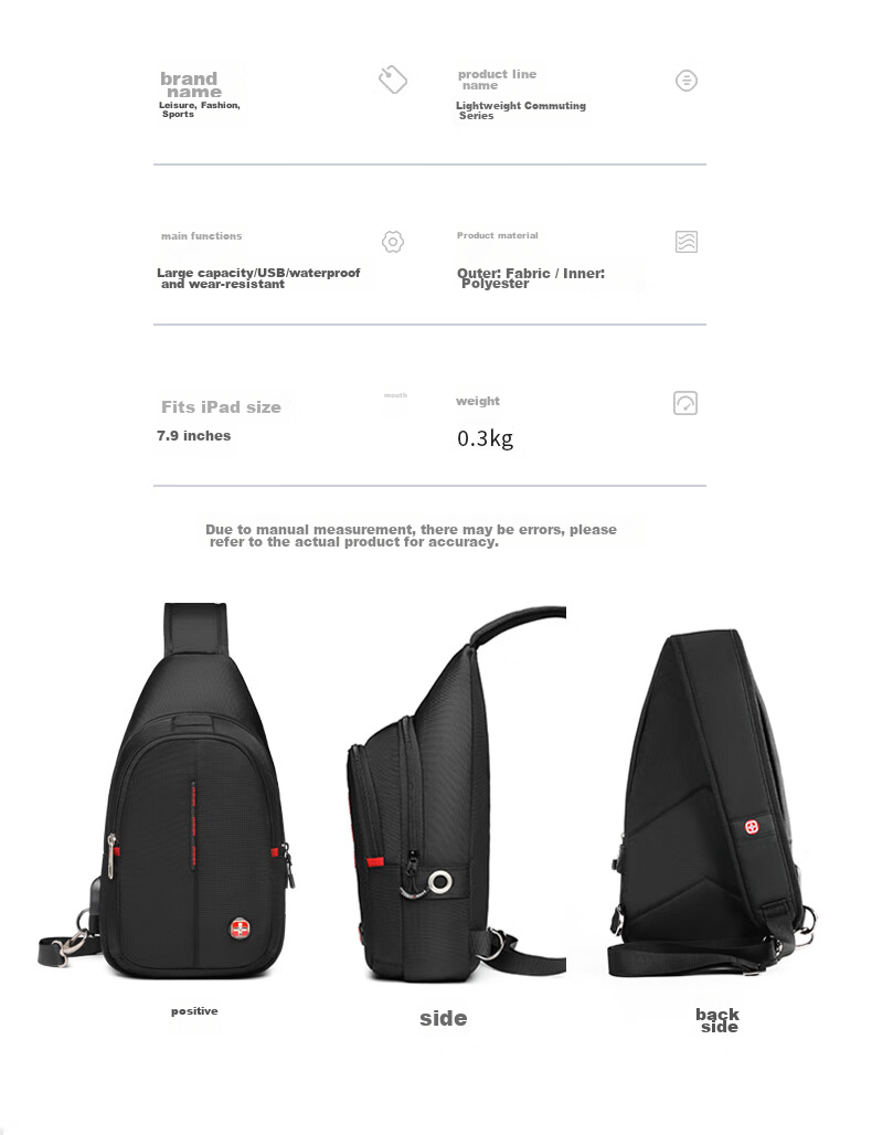 CROSSGEAR Swiss Cross Medal Casual Sports Shoulder Bag, Men's Crossbody Flat Backpack, Multifunctional Cycling Storage Bag 18