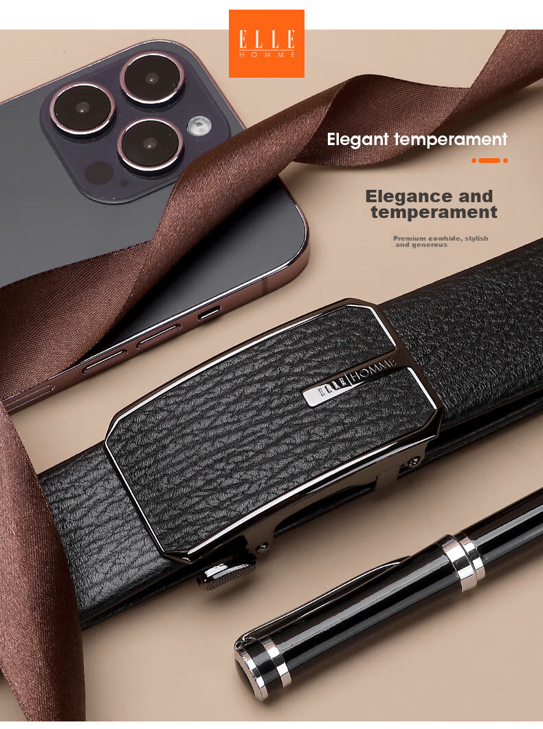 ELLE HOMME Men's Belt, Top-Grain Leather Automatic Buckle Waistband, Business Formal Trouser Belt, Birthday Gift for Boyfriend 2