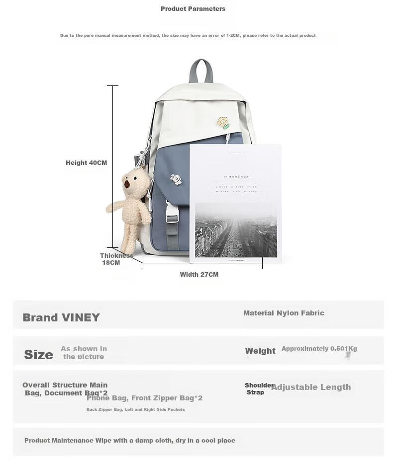 Viney High School Backpack for Middle School Girls, College Students, Primary School Students Grades 4-6 Children Ins Korean Style Backpack 15.6 Inch Laptop Backpack Large Capacity Fashionable Casual Travel Bag High Aesthetic Value Lightweight Stress-Reducing And Load-Reducing Simple Desig 3