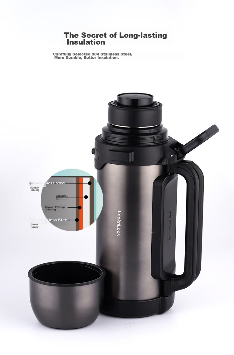 LOCK&LOCK Large Capacity Insulated Bottle, Outdoor Travel Camping Stainless Steel Portable Car-Mounted Handheld Thermos, 2.2L Black 3