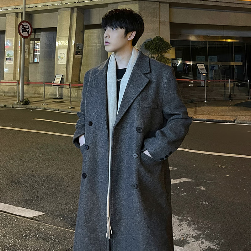 Dingfengbaoluo Men's Woolen Coat Autumn Winter Mid-Length High-End British Style Woolen Trench Coat HT99 Gray 5XL 2