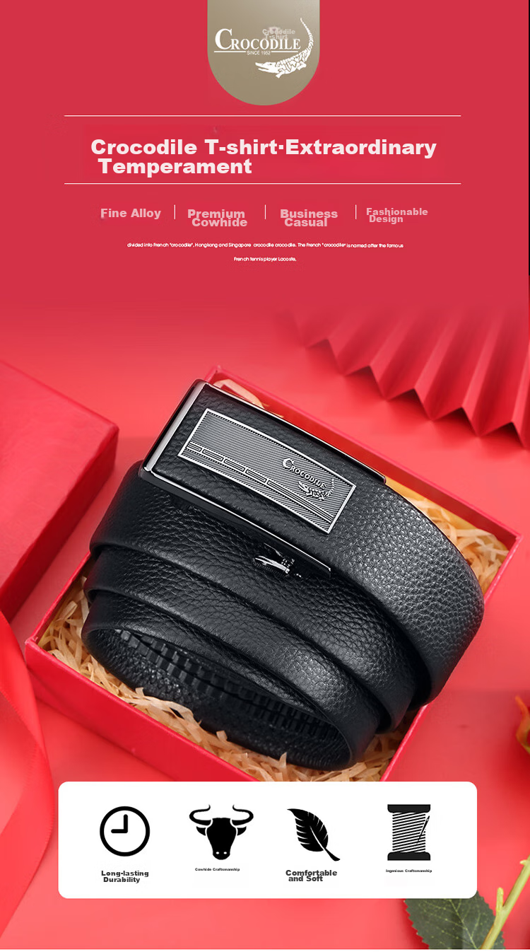 CROCODILE Men's Inner Belt, Top-Grain Leather, Automatic Buckle, Casual Waistband for Young Men, Gift 12968 for Boyfriend 1
