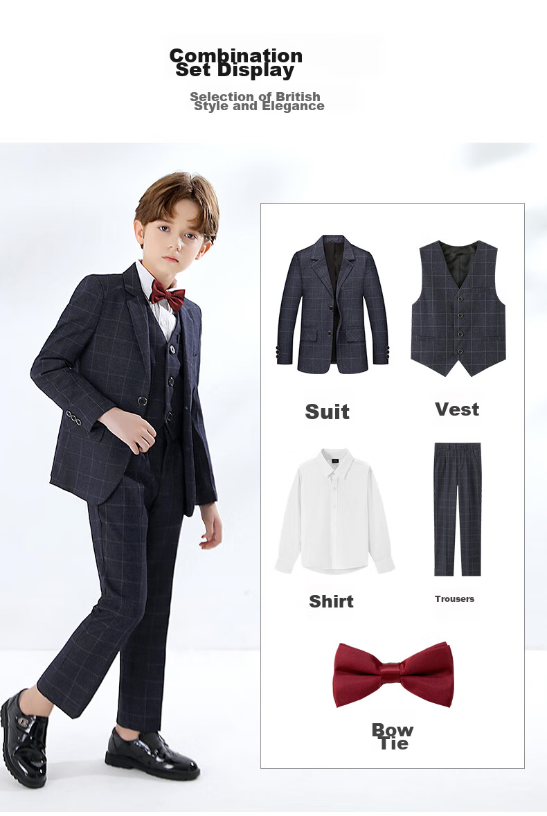 Yinuofang Children's Suit Set for Boys, Host Suit, Flower Boy Formal Wear, Performance Outfit, Plaid Set, Size 150 13