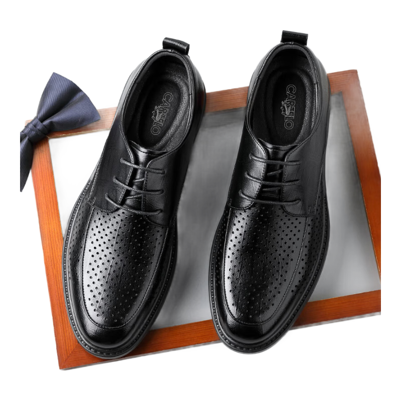 CARTELO Men's Leather Shoes, Wear-Resistant Soft Cowhide Casual Leather Shoes, Business Round Toe Thick-Soled Men's Shoes 9803, Black Hollow-Out, Size 40