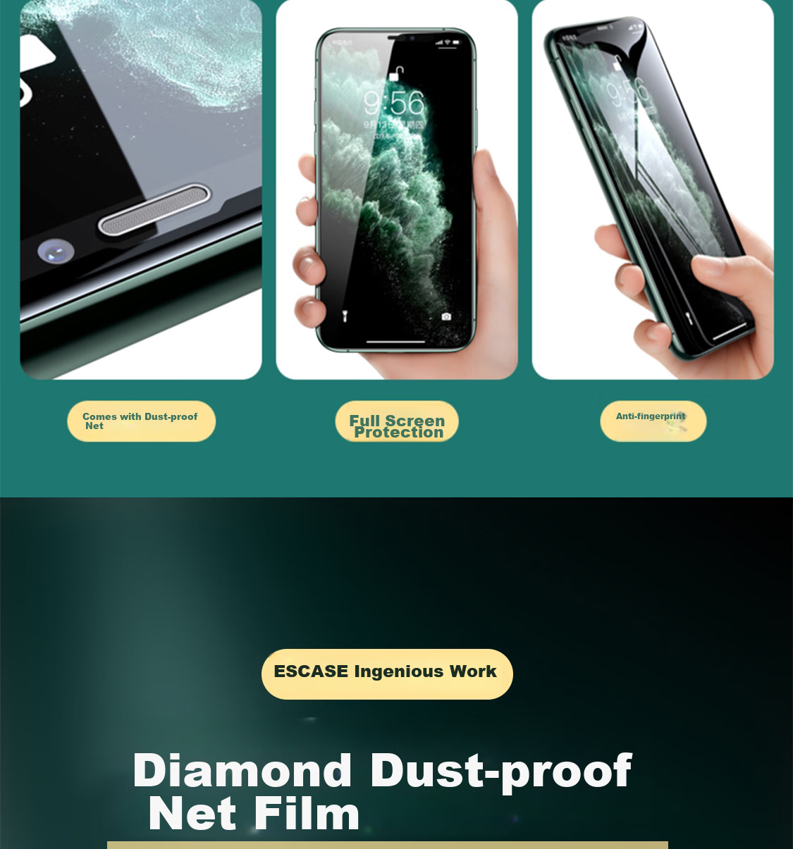 ESCASE IPhone 11 Pro Max/XS Max Tempered Glass Screen Protector with Anti-Dust Mesh, HD Full Coverage Glass Front Film for IPhone 11 Pro Max/XS Max 5