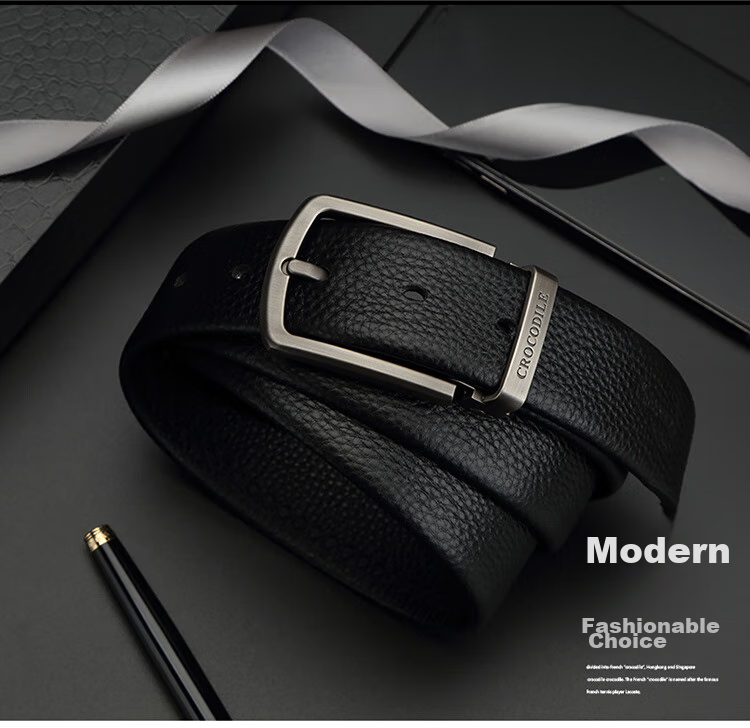 CROCODILE Versatile Youth Top-Grain Leather Casual Belt for Men with Pin Buckle, Birthday Gift ZT341 Black 3