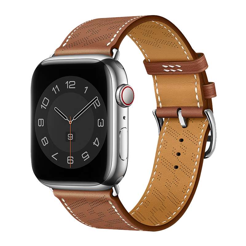 MSSM Compatible Apple Watch Band, Hermes Style IWatch S12 Genuine Leather Strap, Ultra4/S11/10/9/Se3 Micro-Hole Light Brown, 44-49
