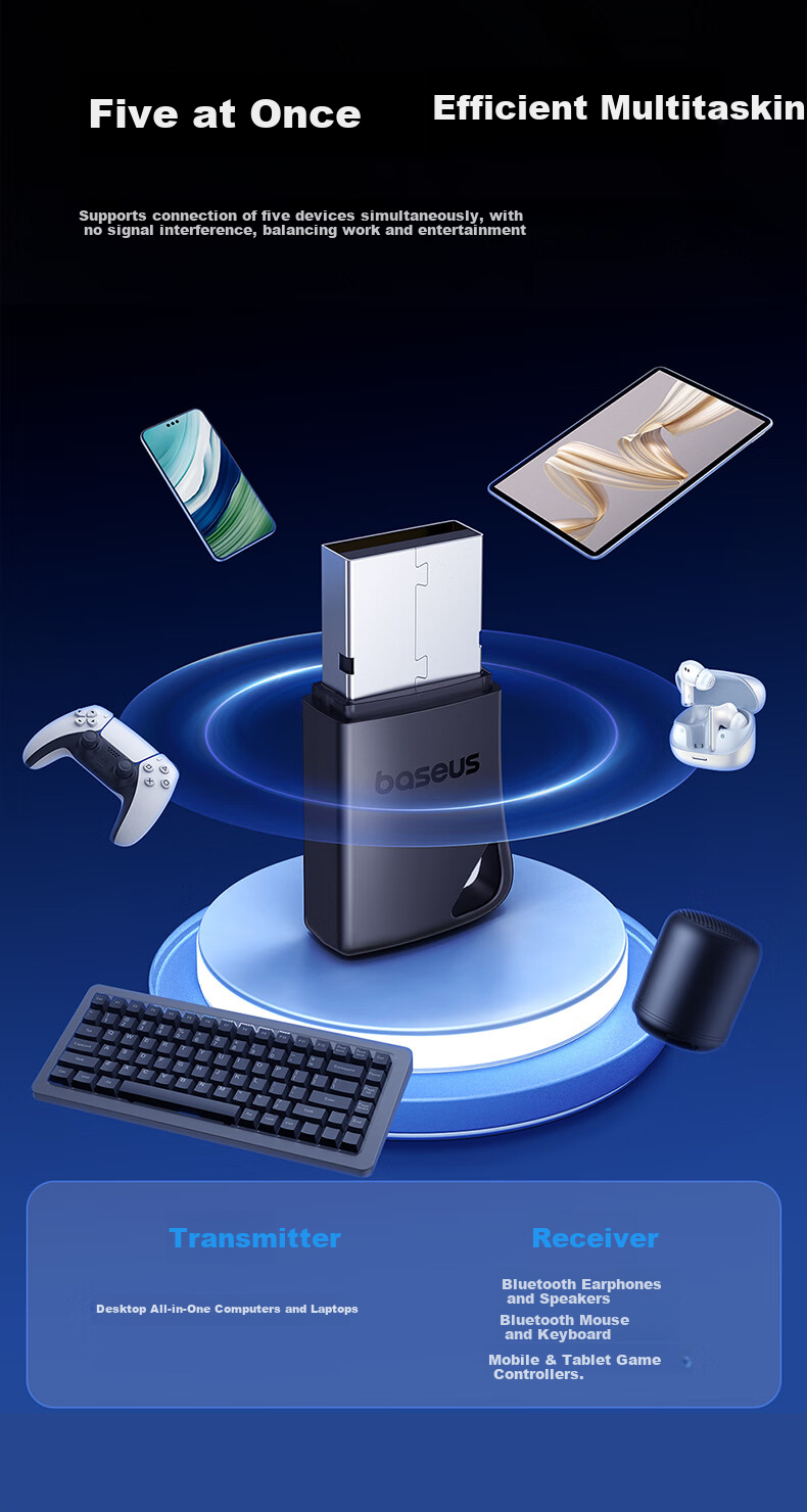 Baseus USB Bluetooth Adapter 5.4 Transmitter And Receiver for Universal Desktop Laptops, Connecting to Wireless Bluetooth Headphones, Speakers, Mouse, And Keyboard 7