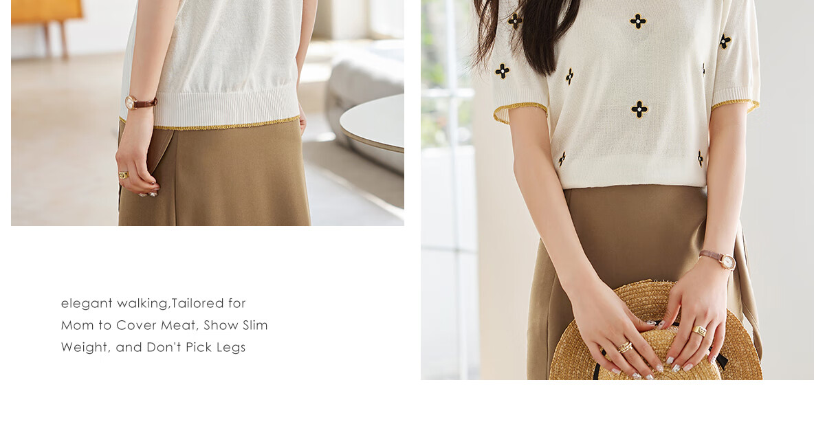 She Enjoy Short Sleeve T-Shirt Women Round Neck Lucky Clover Embroidered Casual Versatile Knit Tee T143T1376 16