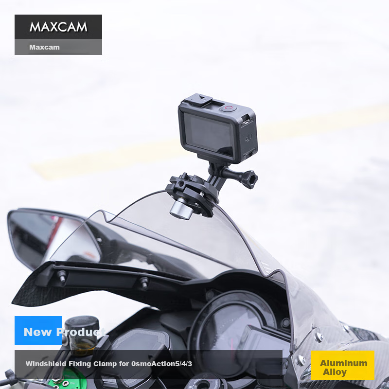 MAXCAM Motorcycle Windshield Mount for DJI Osmo Action 6/5/4 Action Cameras, Aluminum Alloy Windshield Clip, Fixed Bracket, Riding Clamp Accessories