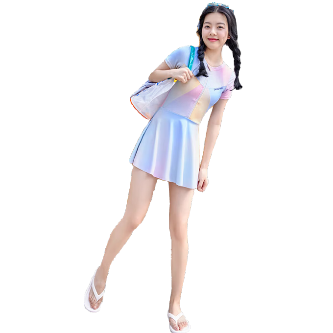 Sanqi One-Piece Swimsuit Dress for Women, Cute And Conservative New Style Swimwear for Middle School Girls, Suitable for Hot Springs And Swimming, Light Blue, Size M