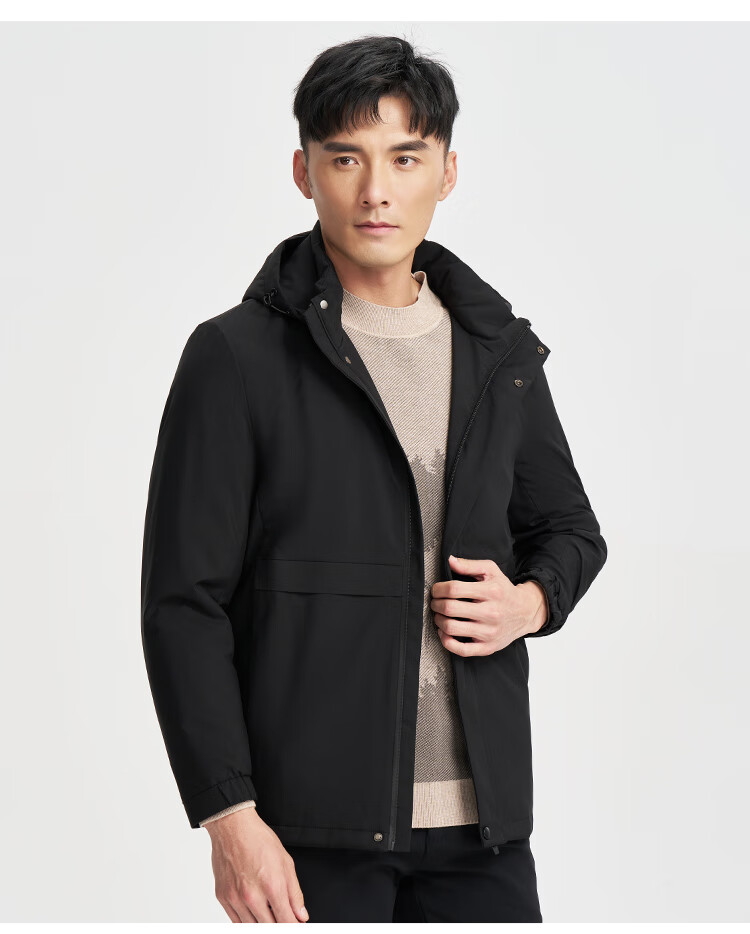 TRIES Men's Fleece-Lined Hooded Jacket Autumn Winter Windproof Solid Color Fashion Warm Outerwear 3