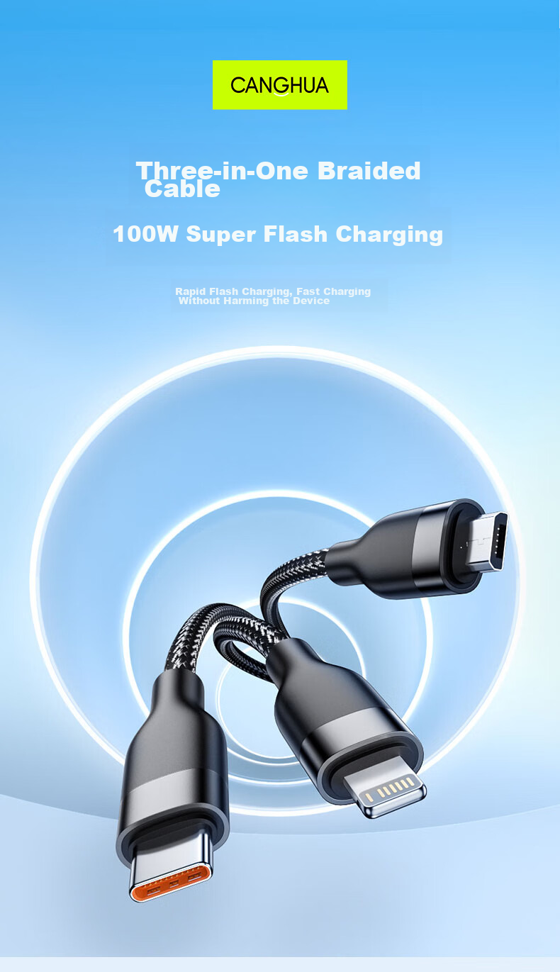 CangHua Three-In Charging Cable, 2 Meters, 6A Fast Charge 100W, Multi-Head 88W, Compatible with Apple Type-C, Android IPhone 18/17/16, Huawei, Xiaomi Phones 2