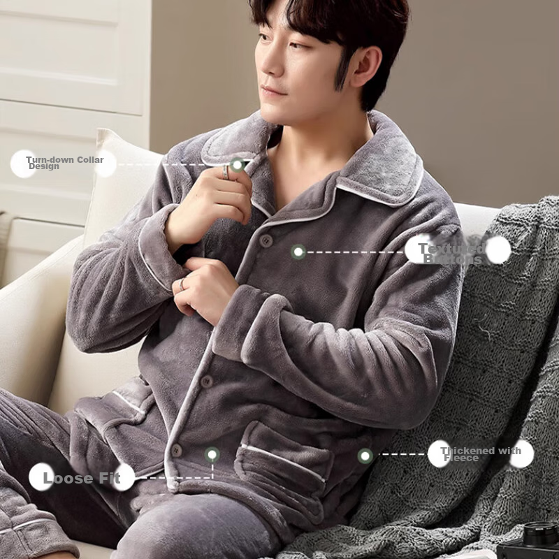 LangSha Men's Pajamas, Winter Flannel Lined Thickened Wearable Loungewear, Two-Piece Set, Warm Outfit