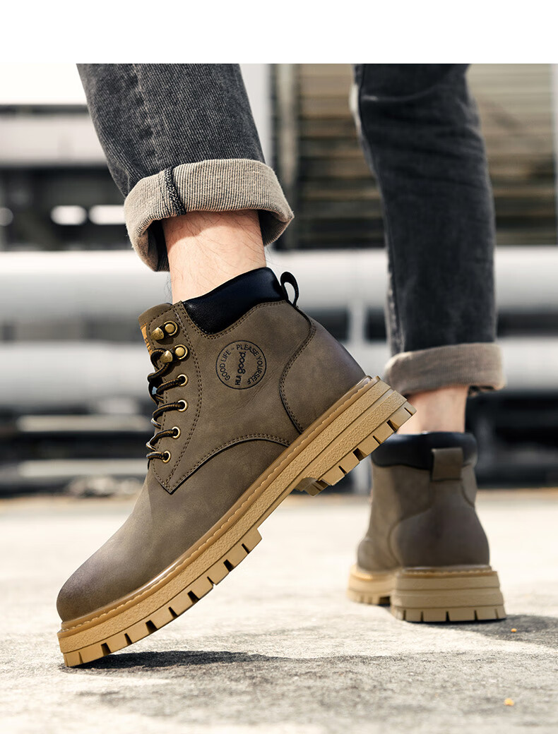 HLA Men's Vintage Martin Boots Outdoor Cotton Work Yellow Boots T121 Khaki (Fleece Lined) Size 42 9