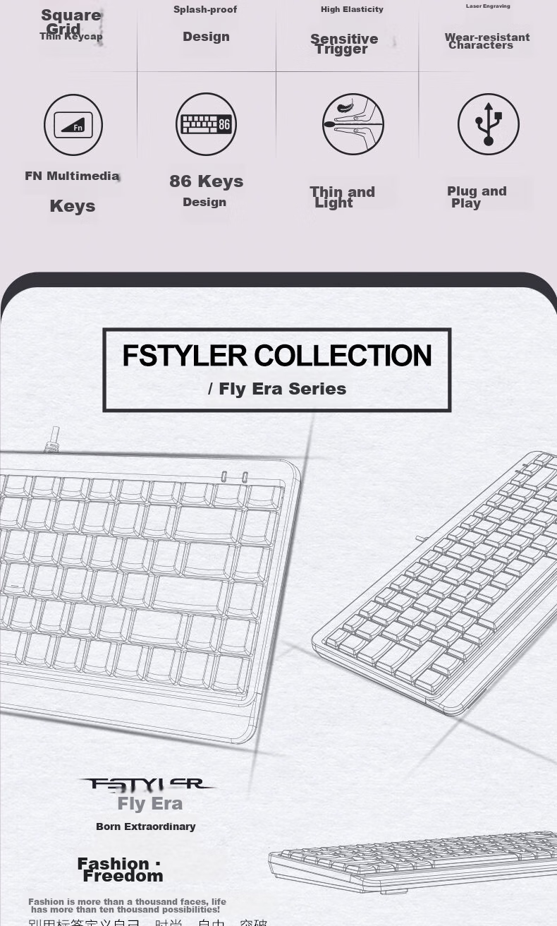 A4TECH FK11, 86-Key Wired Keyboard, Membrane Keyboard for Laptop And Office Use, Portable Small Keyboard, Compact Size, Fei Shidai, Su Kong Hai Color, Wired 3