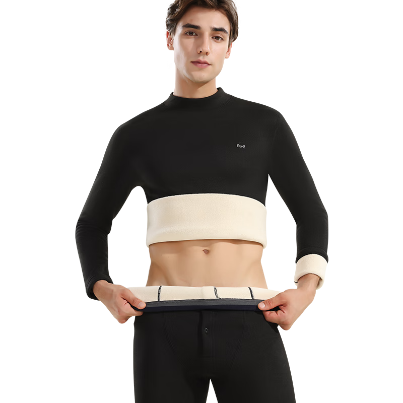 MiiOW Men's Thermal Underwear, Extra Thick Cashmere And Silk Mid-Neck Set, Fleece-Lined And Thickened Base Layer, Black, 3XL