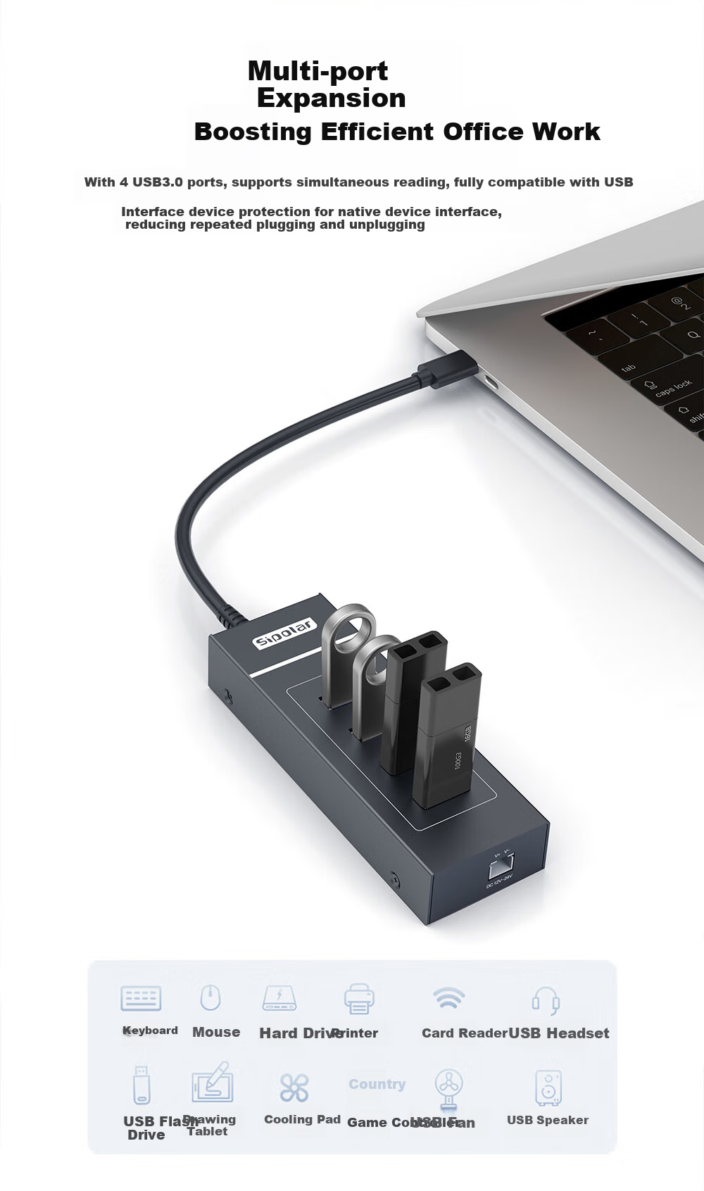 SIPOLAR USB Hub 3.0 High-Speed 4-Port Expansion Dock HUB Splitter Adapter Transmission Hub Laptop Accessory One-To Extension Cable (0.3 Meter) 5