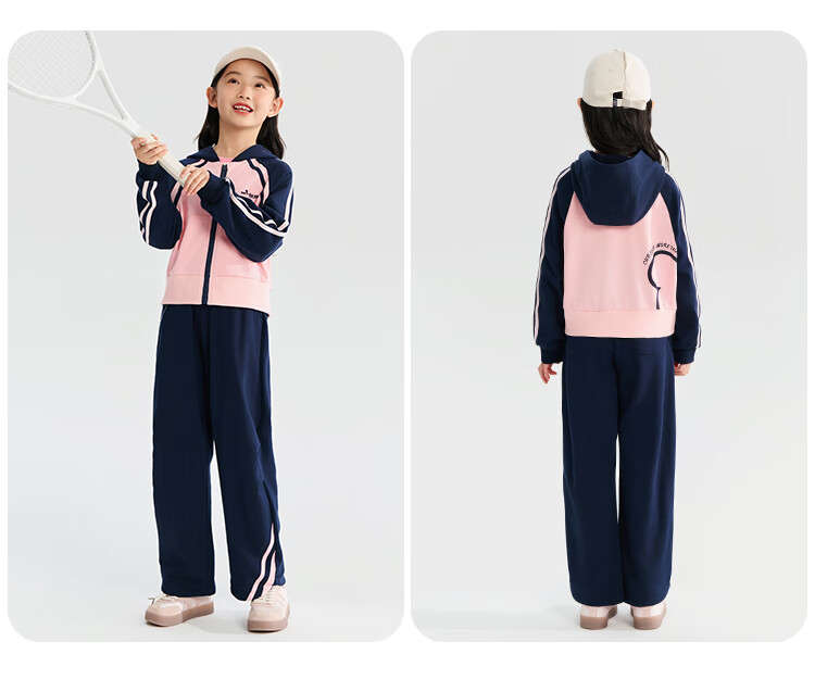 QQ DUCK Children's Clothing Set, Girls' Cardigan Jacket And Pants, Student Sportswear, Line Art Heart Pattern, Navy Blue; Size 165 6