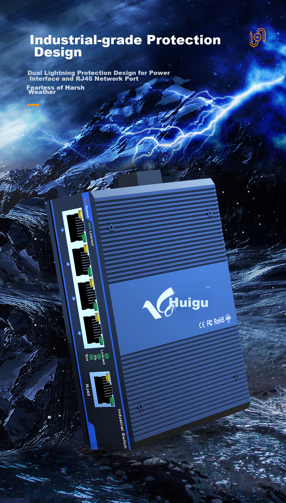 Huigu Gigabit 5-Port Industrial Switch, Industrial-Grade Ethernet Switch for Monitoring Network, Splitter, Splitter, Hub, DIN Rail-Mounted, HG800-GE005 3