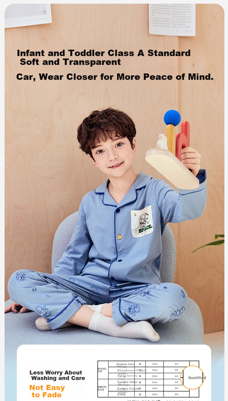 Dingguagua Children's Pajama Set, Spring And Summer Long-Sleeve Pure Cotton Boys' Loungewear, Class A Breathable, Light Blue, Size 120 9