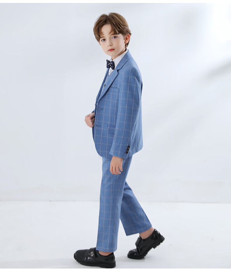 Yinuofang New Children's Suit Set Performance Outfit, Formal Wear, Host Attire for Boys, Blue Plaid, Size 160 9