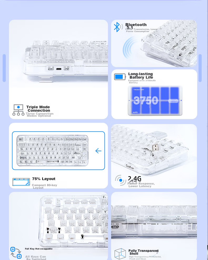 CoolKiller CK75 Arctic Bear Wired/wireless/blue Toed Three-Mode Transparent Customizable Mechanical Keyboard Ice Blade Switch Linear Switch 6