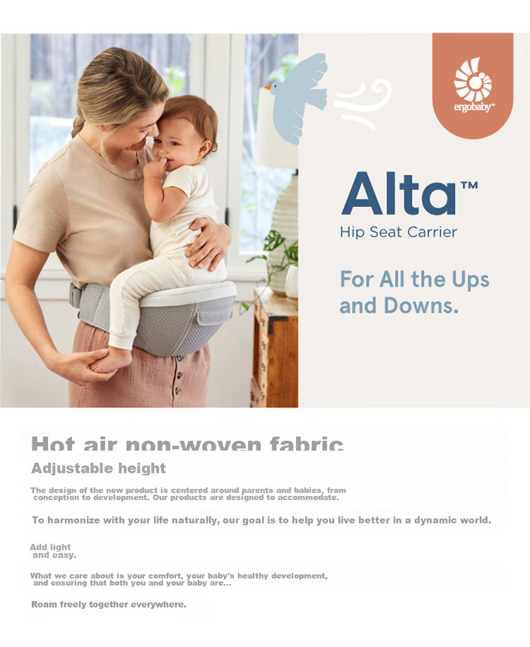 ERGObaby American Ergonomic Baby Carrier, Alta All-Stage Labor-Saving Ventilated And Breathable, 6 Carrying Methods, Baby Seat in Gray 24