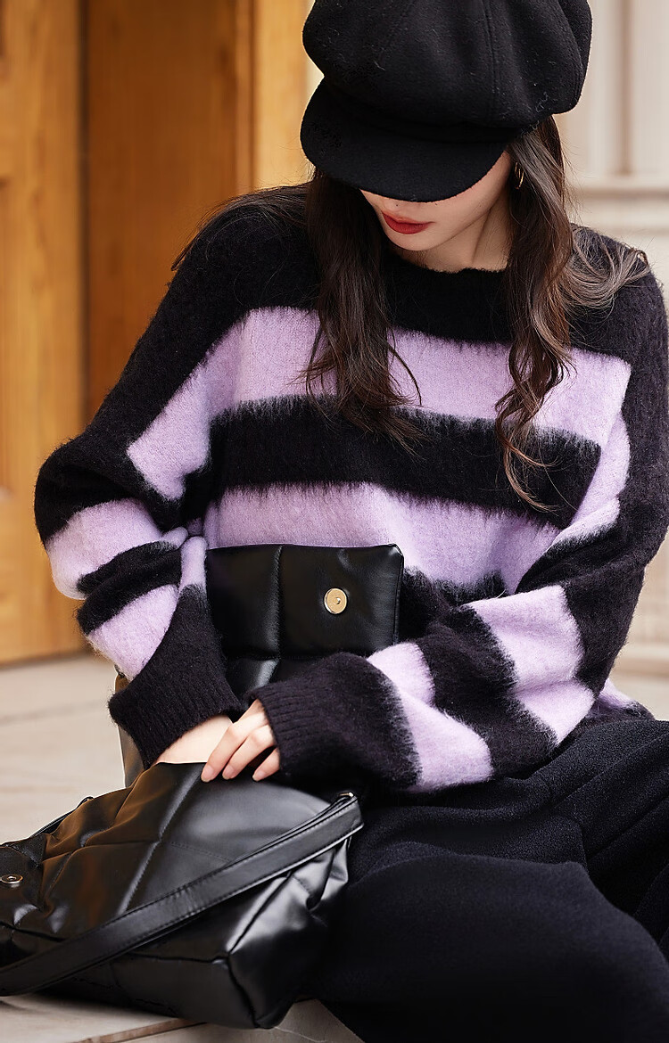 DME Fashionable Casual Style Winter Round Neck Raglan Sleeve Faux Fur Striped Elegant Color Block Knit Sweater Women's Top, Purple XL 11