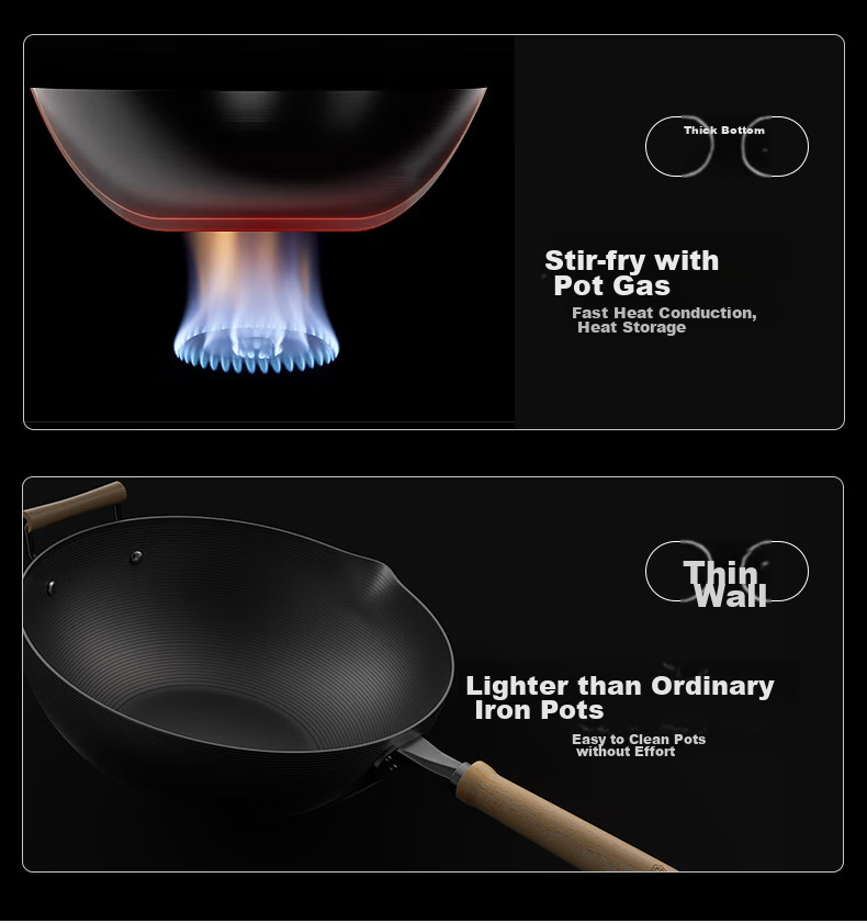 JD Original Wok Iron Pan Japanese Imported Pure Iron Non-Coated Flat Bottom Non-Stick Stir-Fry Pan Compatible with Gas And Coal Gas 32cm 13