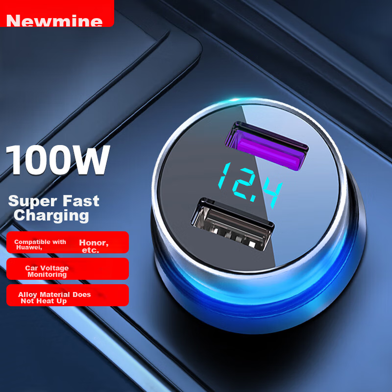 Newmine Car Charger And Cigarette Lighter, Dual USB Ports, Metal Car Charger with Voltage Display And Fast Charging Detection SX001-008
