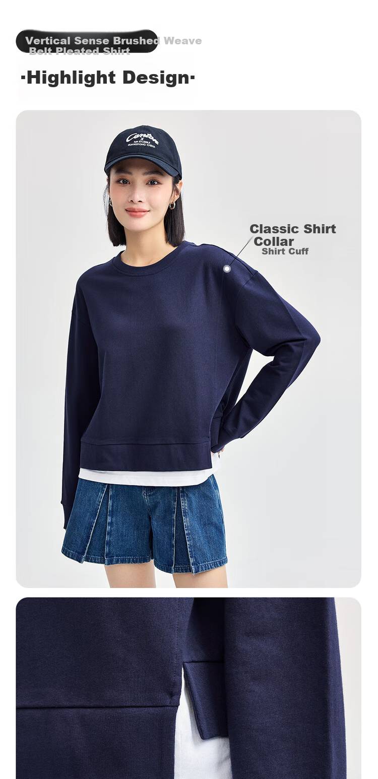 Giordano Women's Sweatshirt, Pure Cotton, Faux Two-Piece, Irregular Hem, Youthful Round Neck Pullover, Women's Style 13324734 4