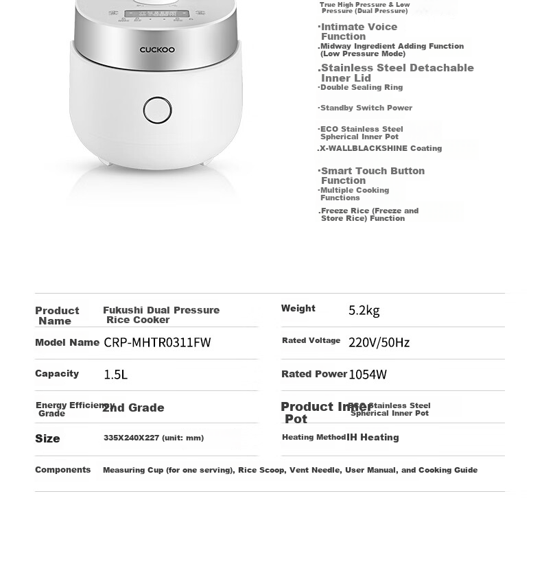CUCKOO Korean Imported Dual-Pressure Mini Multifunctional Baby Food Smart Reservation Rice Cooker for 1-2 People, 1.5L CRP-MHTR0311FW 11