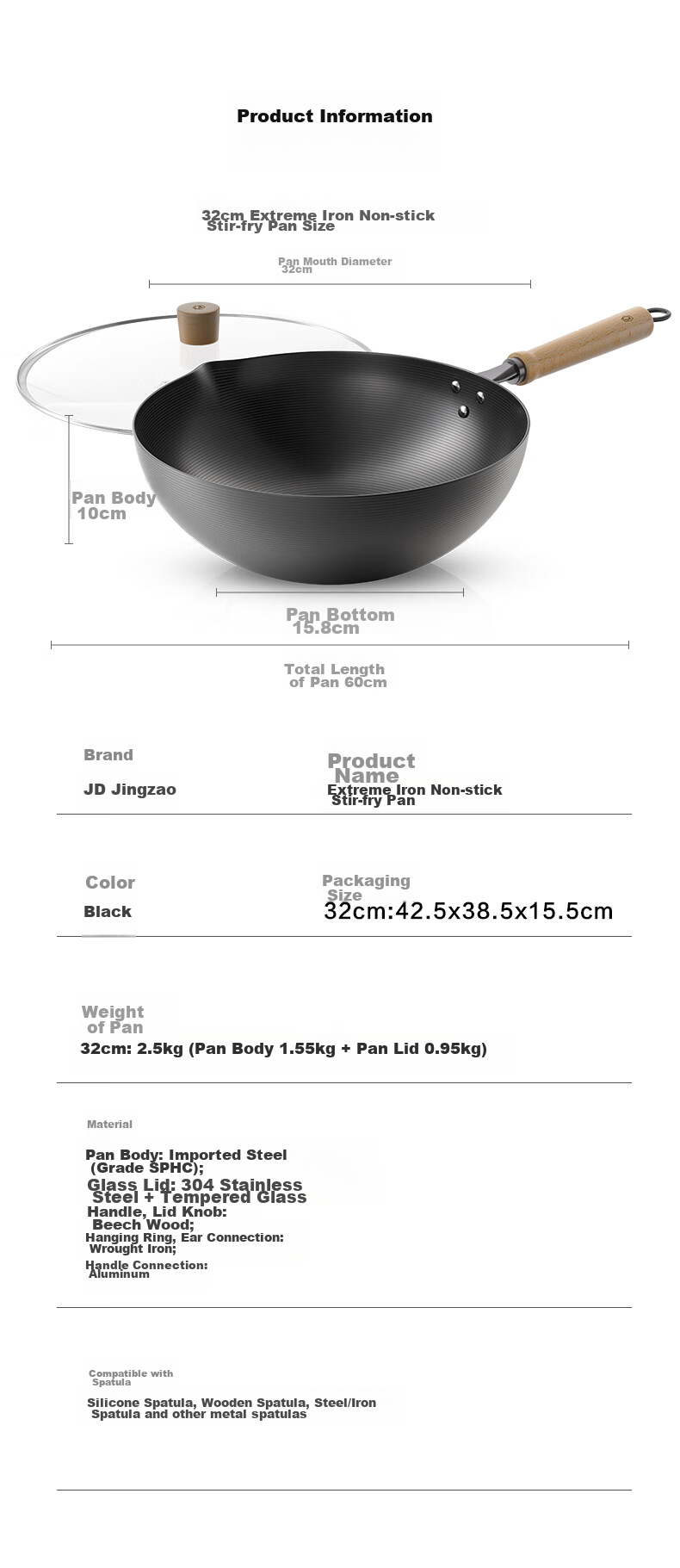 JD Original Wok Iron Pan Japanese Imported Pure Iron Non-Coated Flat Bottom Non-Stick Stir-Fry Pan Compatible with Gas And Coal Gas 32cm 14