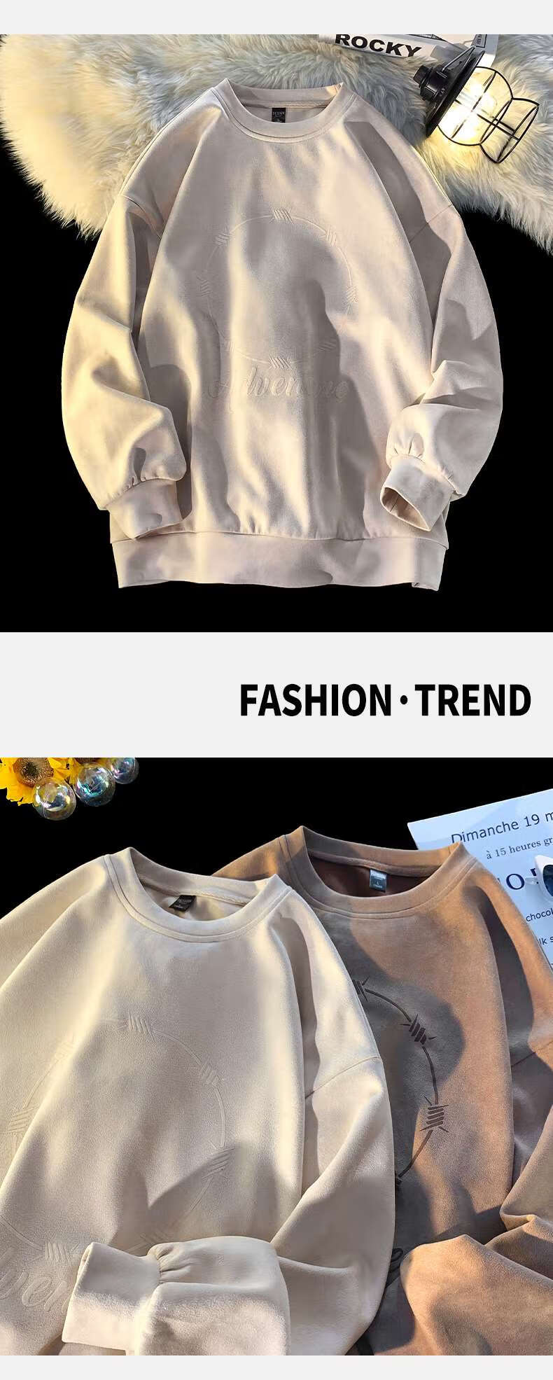 Foss Phil Men's Suede Sweatshirt, Spring And Autumn American Retro Round Neck Top, Loose Casual Base Layer Y307 Beige 2XL 4