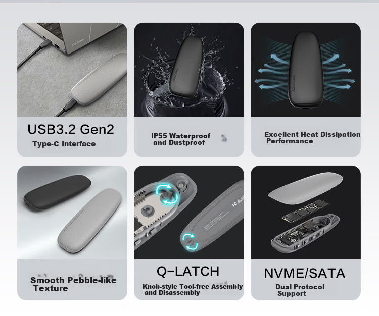 ASUS Cobble Gray M.2 High-Speed Portable SSD Enclosure NVMe and SATA Dual Protocol IP55 Waterproof Dustproof 10Gbps 2