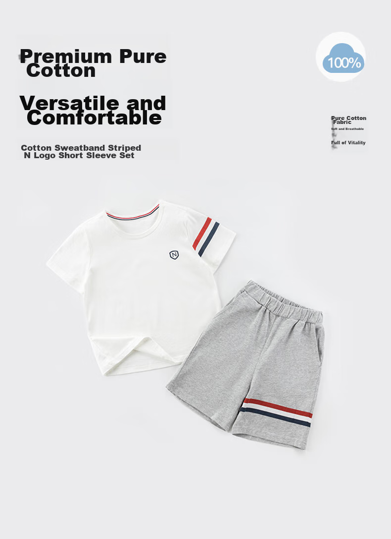 NUBIWU Children's Short-Sleeve Set, Boys' Pure Cotton Round Neck Summer Half-Sleeve Two-Piece Set, Big Kids' Shorts Sports Suit 1