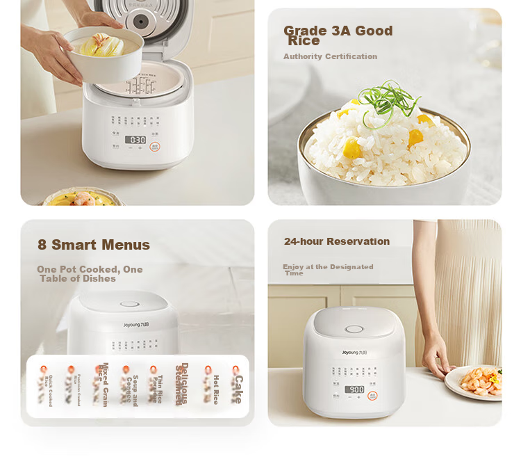 Joyoung 2L 1-2 Person Compact Capacity Rice Cooker, Ceramic Inner Pot with Non-Stick Coating, Dual NTC Temperature Sensing, 3A Grade Excellent Rice, 20FY2 4