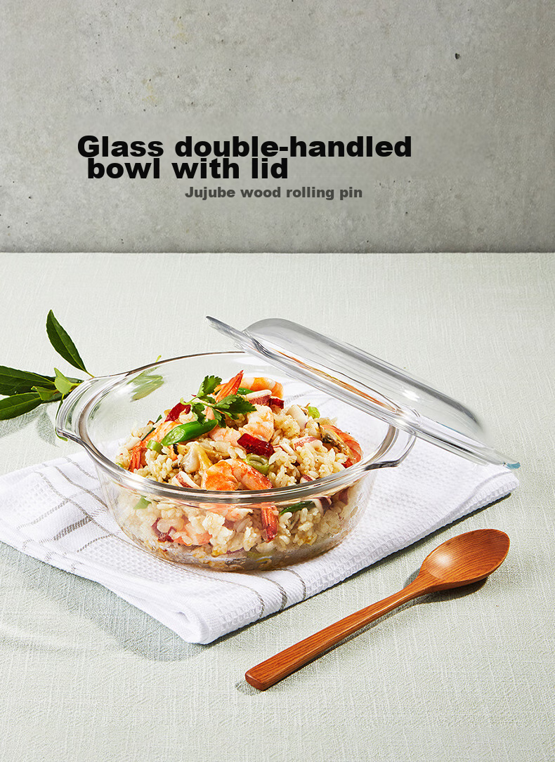 GLASSLOCK Imported Tempered Glass Bowl with Lid, Microwave-Safe Large Salad Bowl, Transparent Double-Handled Soup Bowl Tableware 1030ml 1